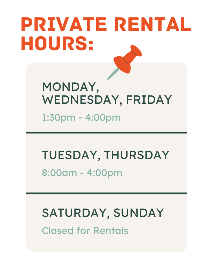 Original BMO Centre private track rental hours poster showing Monday Wednesday Friday 1:30 PM–4 PM, Tuesday Thursday 8 AM–4 PM, and weekends closed for rentals